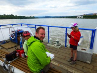 Taking the boat along the River Danube with bikes and kids