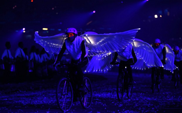 Dove bikes cycling with white wings at the London 2012 Olympic opening ceremony