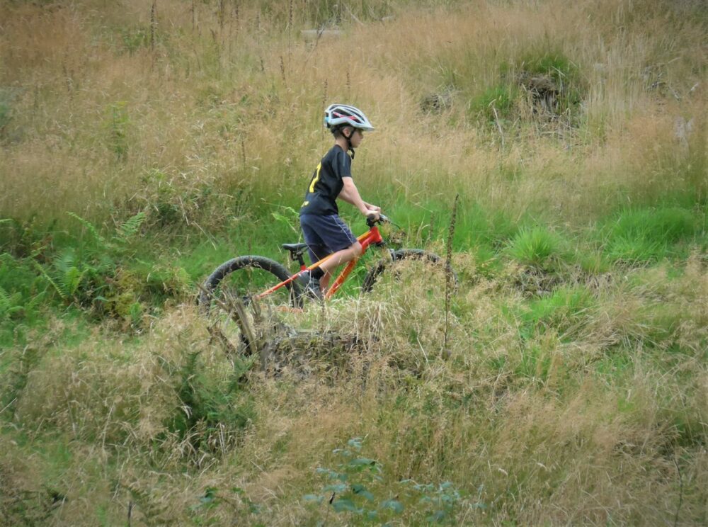 Best 26" mountain bikes for kids: a boy riding a mountain bike through long grass