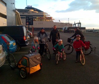 Ready to board a ferry with bikes, cycle trailer and kids in tow on our family cycling holiday in Holland during Easter 2013