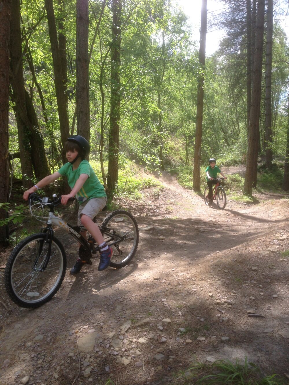 Forest of Dean bike ride with the kids A young boy in a green tshirt riding a mountain bike through forest tracks with his sister following behind