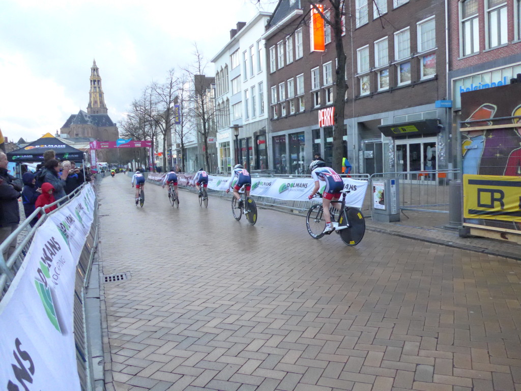 British Cycling Ladies Team apporaching the finishing line of the Energiewacht Tour Groningen time trial, 6th April 2016