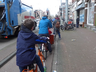 Cycling safely alongside a lorry in Amsterdam, Holland
