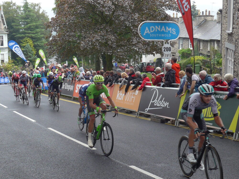 Riders struggling up Beast Banks, Kendal at the end of Stage 2 of the Tour of Britain 2016