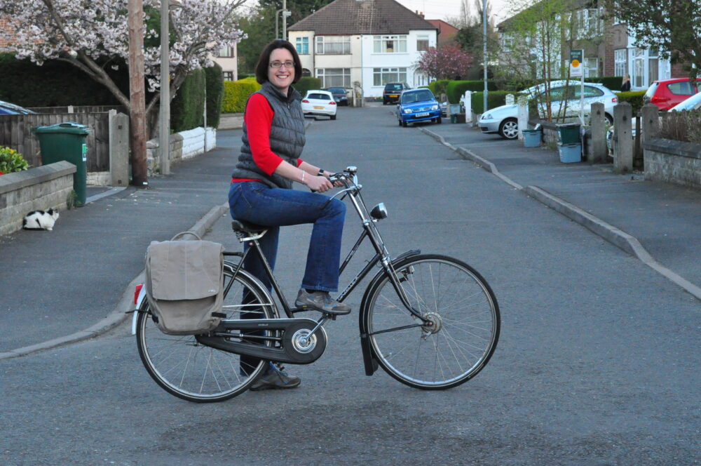 Karen Gee on a Dutch bike.