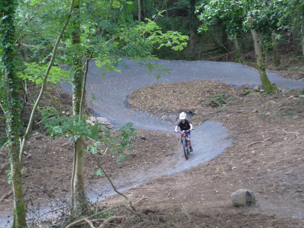 child riding mountain bike on a trail in a forest
