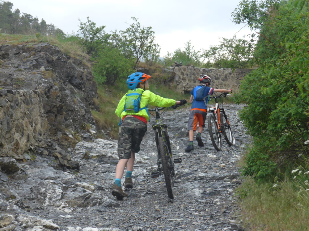 Pushing the mtb's up into Briançon