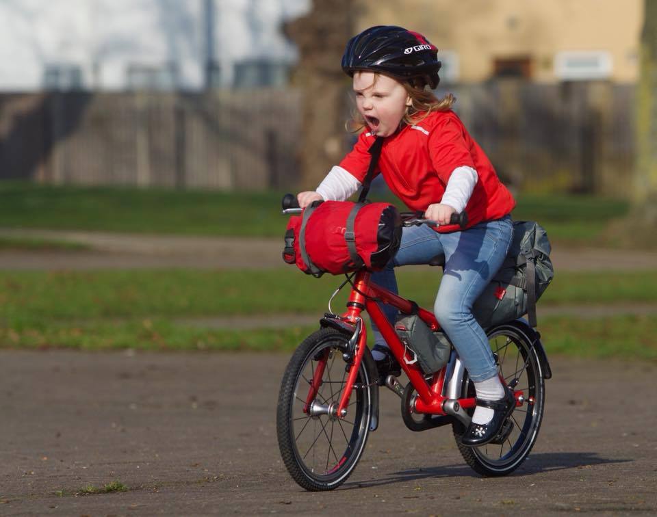 Ruth going bikepacking on an Islabikes Cnoc