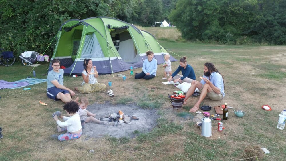 Bikepacking and camping with kids using a cargo bike at Thistledown campsite near Nympsfield