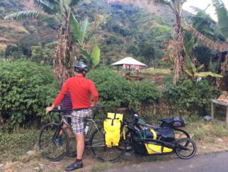 Richard and trailer on family bikepacking holiday Lombok