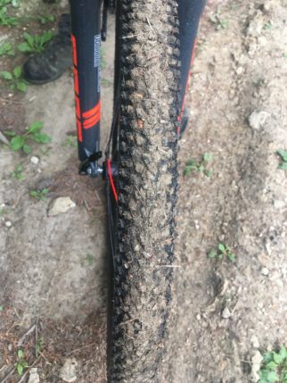 Muddy tyres on the Frog Mountain Bike