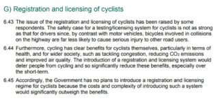 Registration and licensing of cyclists - Government response