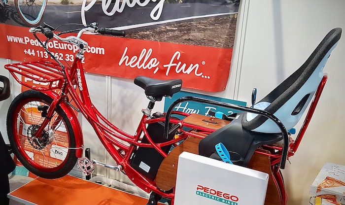 family cargo bikes at the 2019 Cycle Show - Pedego Stretch with rear child seat