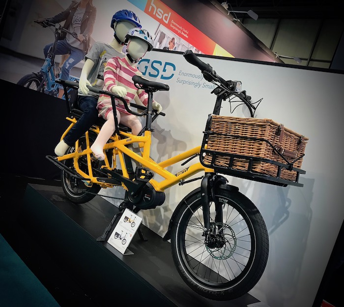 family cargo bikes at the 2019 Cycle Show - Tern GSD with two rear child seats fitted and front basket
