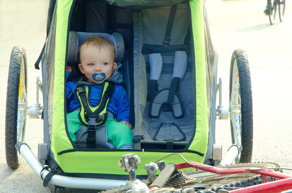 baby in a bike trailer - tell us about your family cycling experience to win a voucher
