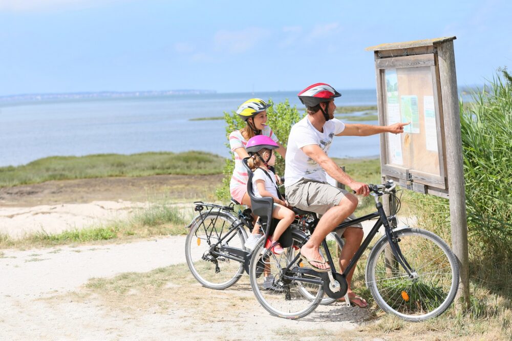 Where to ride your bike - family looking at a map while on a bicycle ride