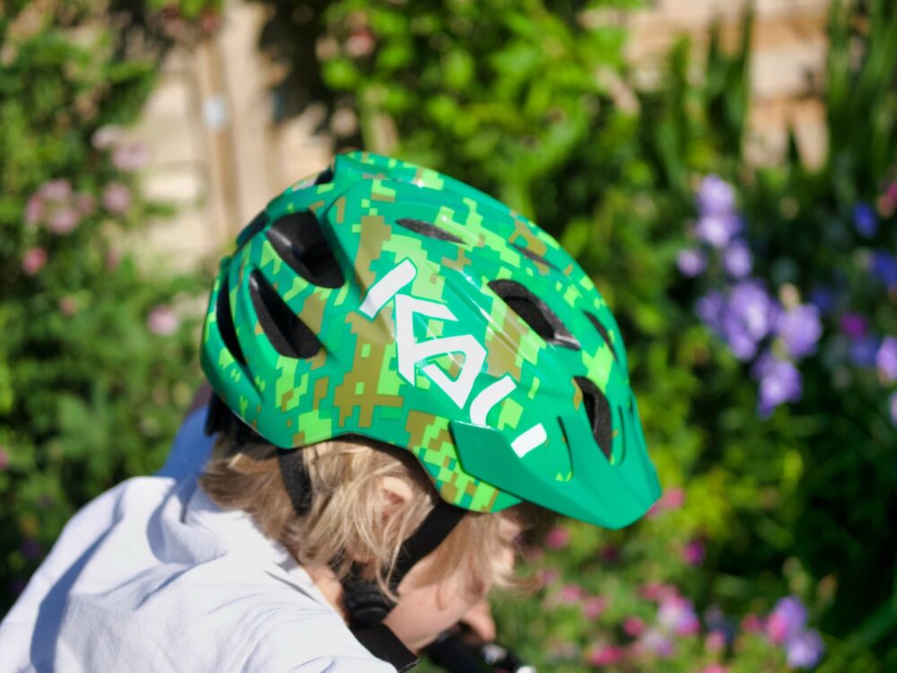 Kali Chakra kids cycling helmet being worn by our 6 year old reviewer 