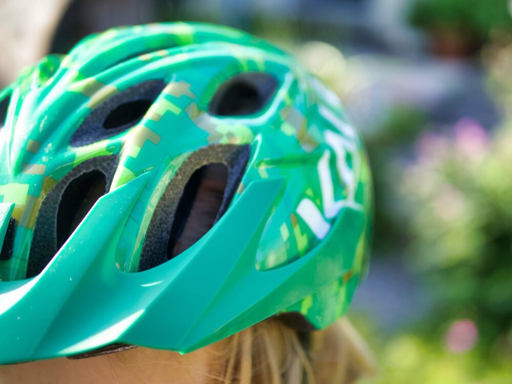 Photo of the Kali Chakra cycle helmet visor whilst being worn by our 6 year old reviewer