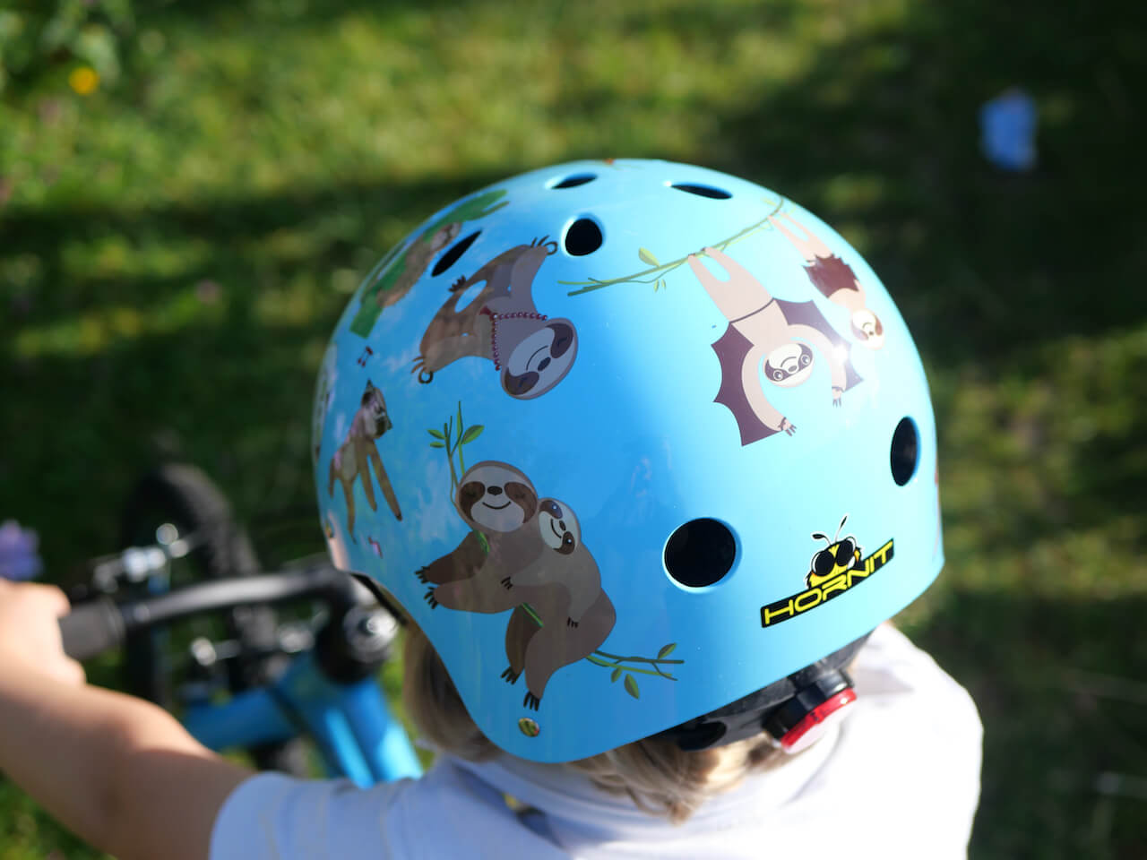 A child's helmet with cartoon sloths printed on it, modelled by a toddler, as seen from behind