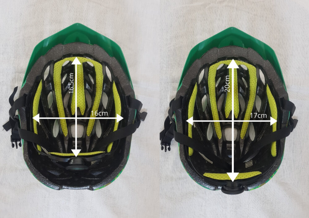 Measurements of the Kali Chakra kids cycling helmet showing the smallest and largest settings 