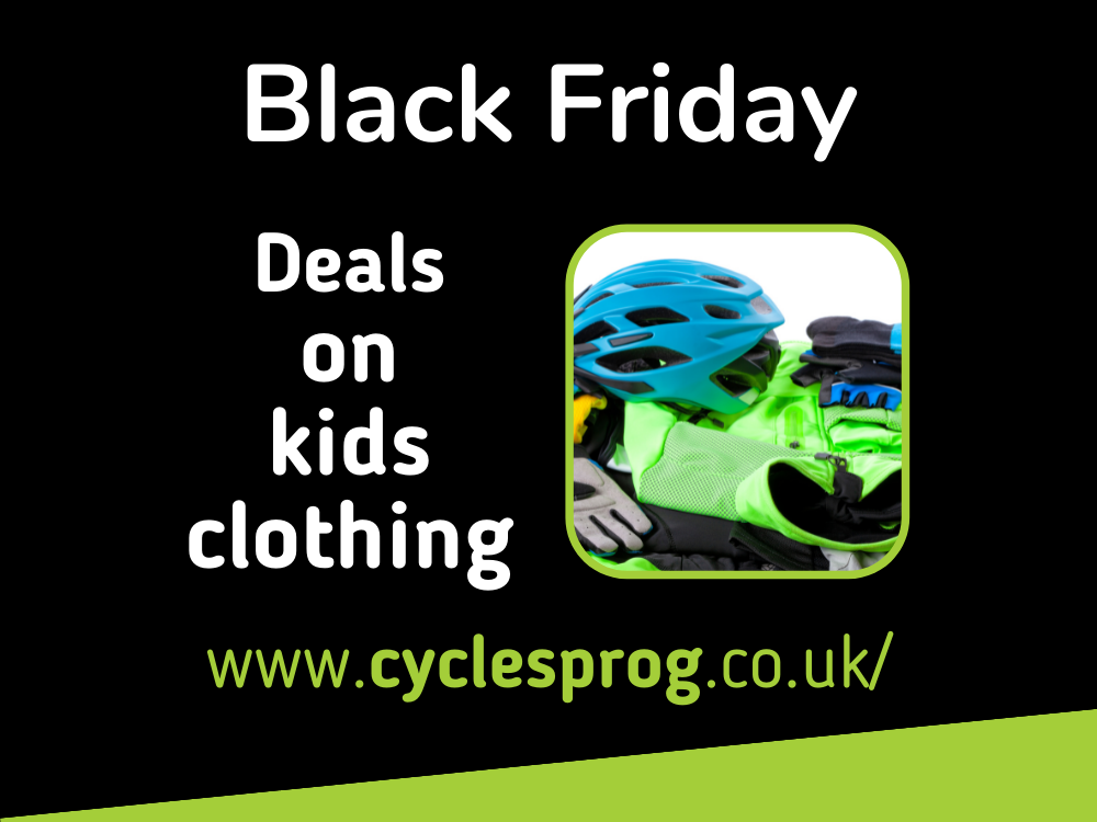 Black Friday Deals on kids clothing black background with clothing image ad white and green text