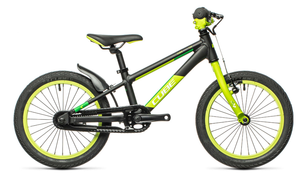 Best kids' bikes: A Cube bike in black and green, on a plain background