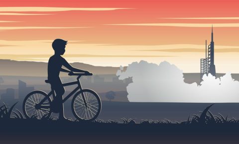 Building cycle paths shouldn't be like rocket science - drawing of boy on a bike watching a space rocket launch