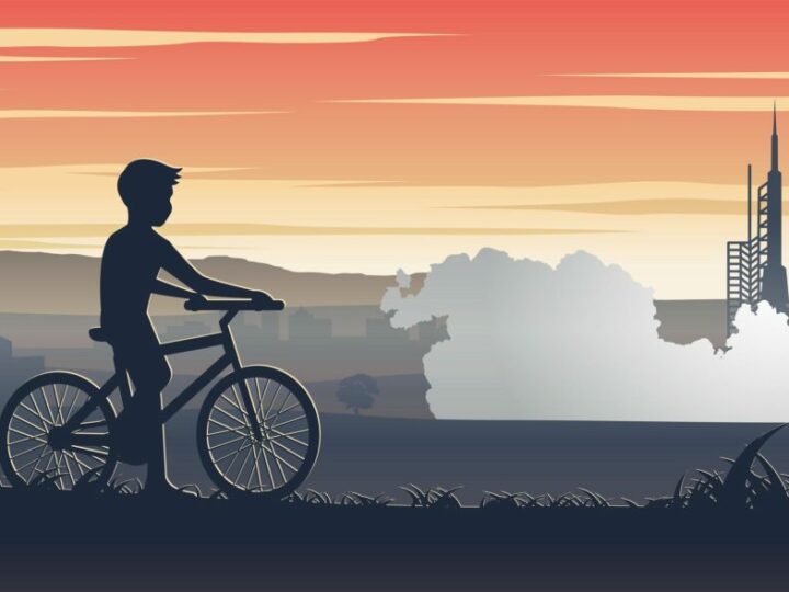 Building cycle paths shouldn't be like rocket science - drawing of boy on a bike watching a space rocket launch