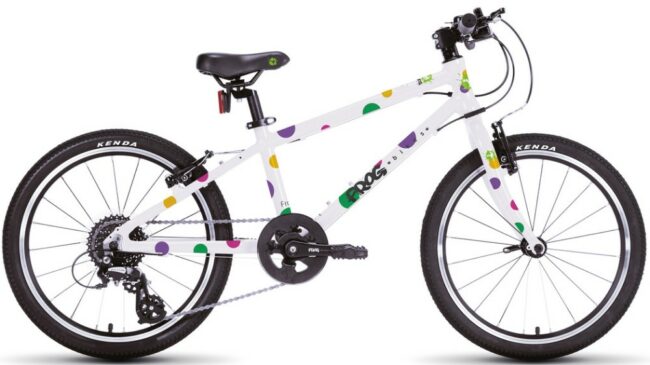 Frog 55 Spotty 2021 Discontinued Frog 55 kids bike - geometry and differences with the Frog 53 and Frog 52 explained in this article. This photo shows the Frog 55 in the spotty paint scheme