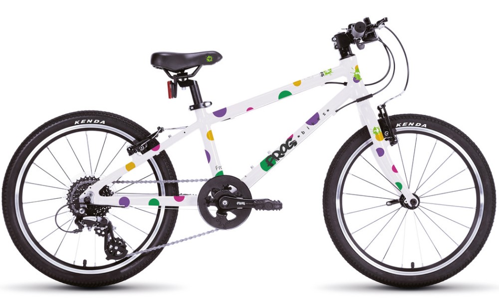 Discontinued Frog 55 kids bike - geometry and differences with the Frog 53 and Frog 52 explained in this article.  This photo shows the Frog 55 in the spotty paint scheme