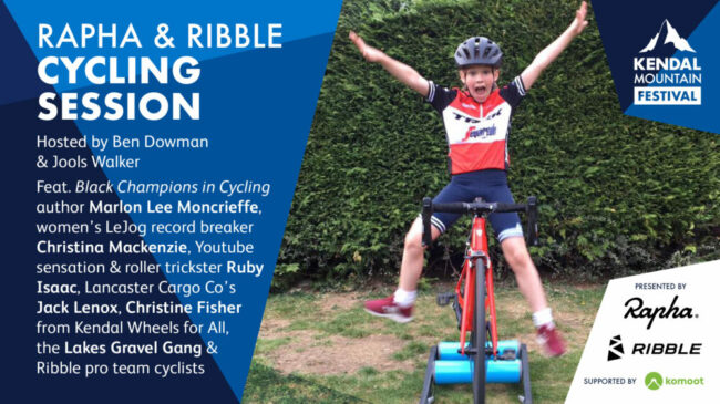 Kendal Mountain Festival Discount Code - photo of Ruby Isaac sitting on her road bike on rollers with her hands in the air