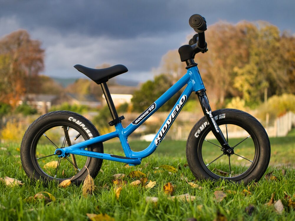 Kidvelo Rookie 12 balance bike in blue in a park with storm clouds behind