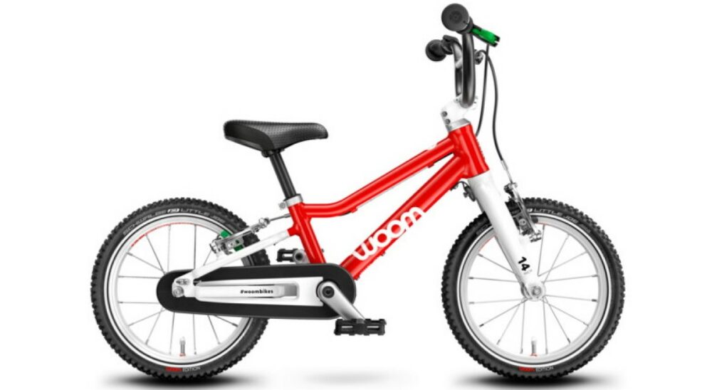 woom 2 14 inch wheel kids bike for 3 and 4 year olds through Bike Club - red bike shown