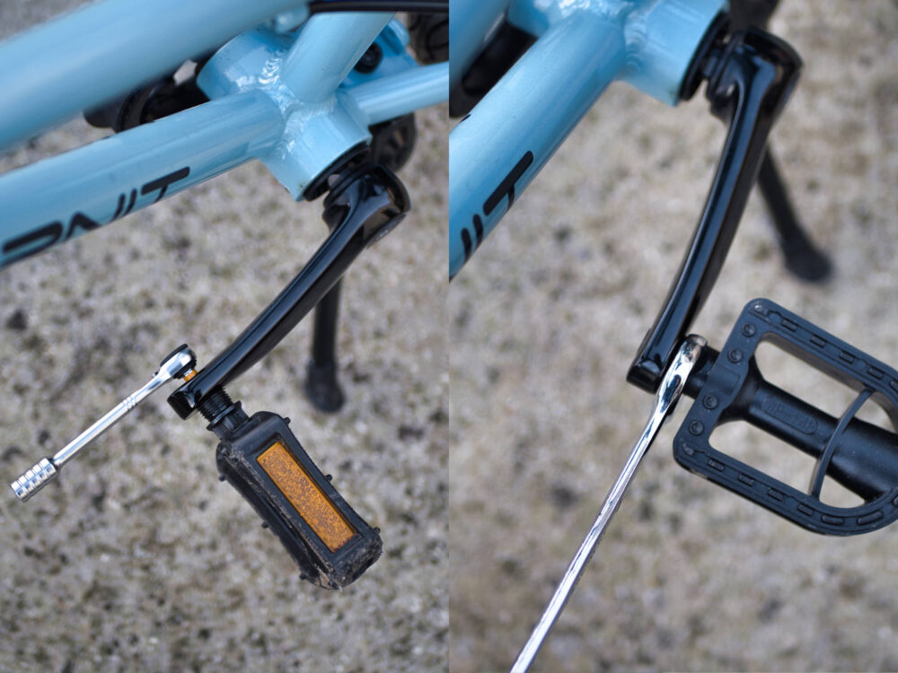 Photo looking down on the saddle and handlebars of the Hornit HERO 14 kids bike with the pedals removed from the cranks, which has made the pedal bike into a balance bike