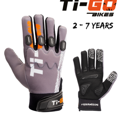 Tigo Bikes make excellent kids sized cycling clothing including gloves - winter kids sized gloves pictured in grey with orange detailing on the fingers