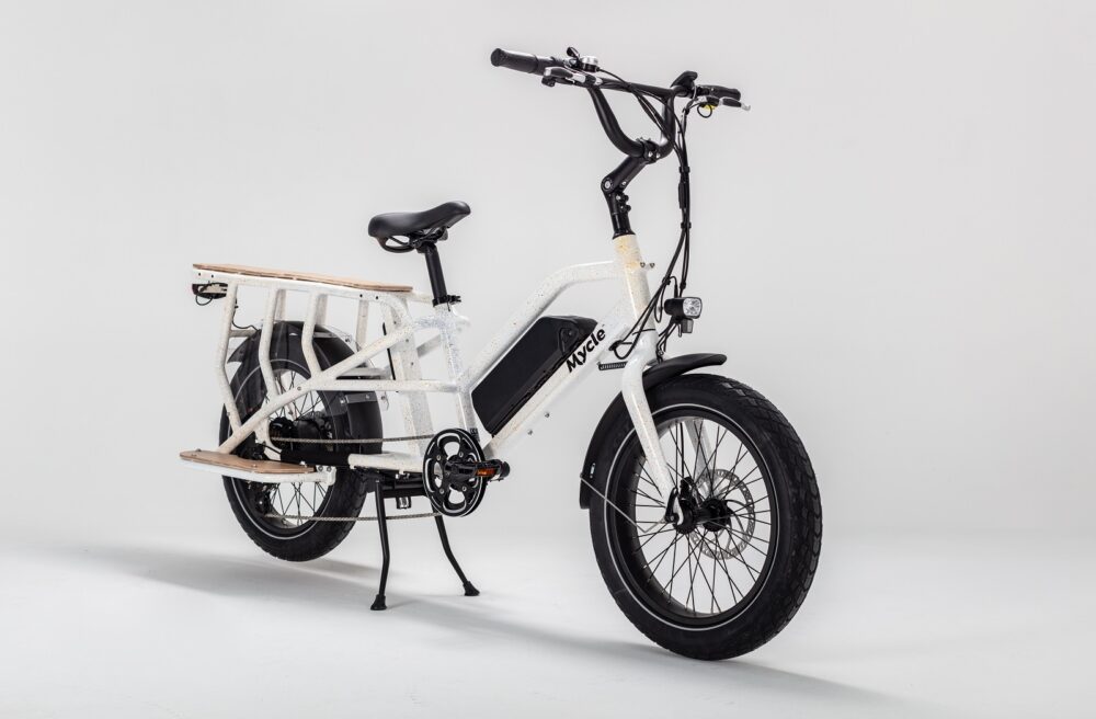 Side view of the Mycle Electric Longtail Cargo Bike in White