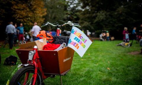 Kidical Mass Flag in a cargo bike