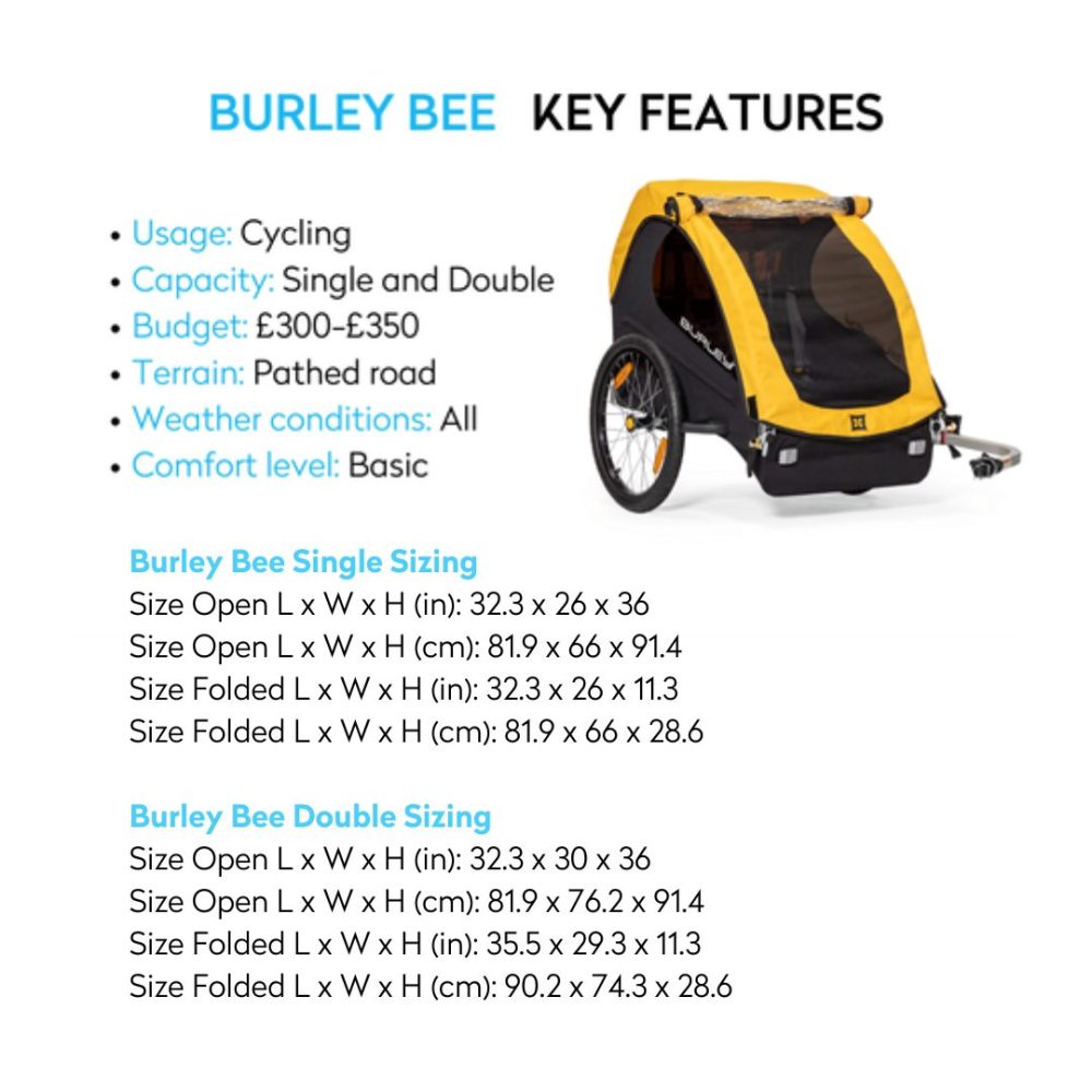 Burley Bee bike trailer key features and dimensions