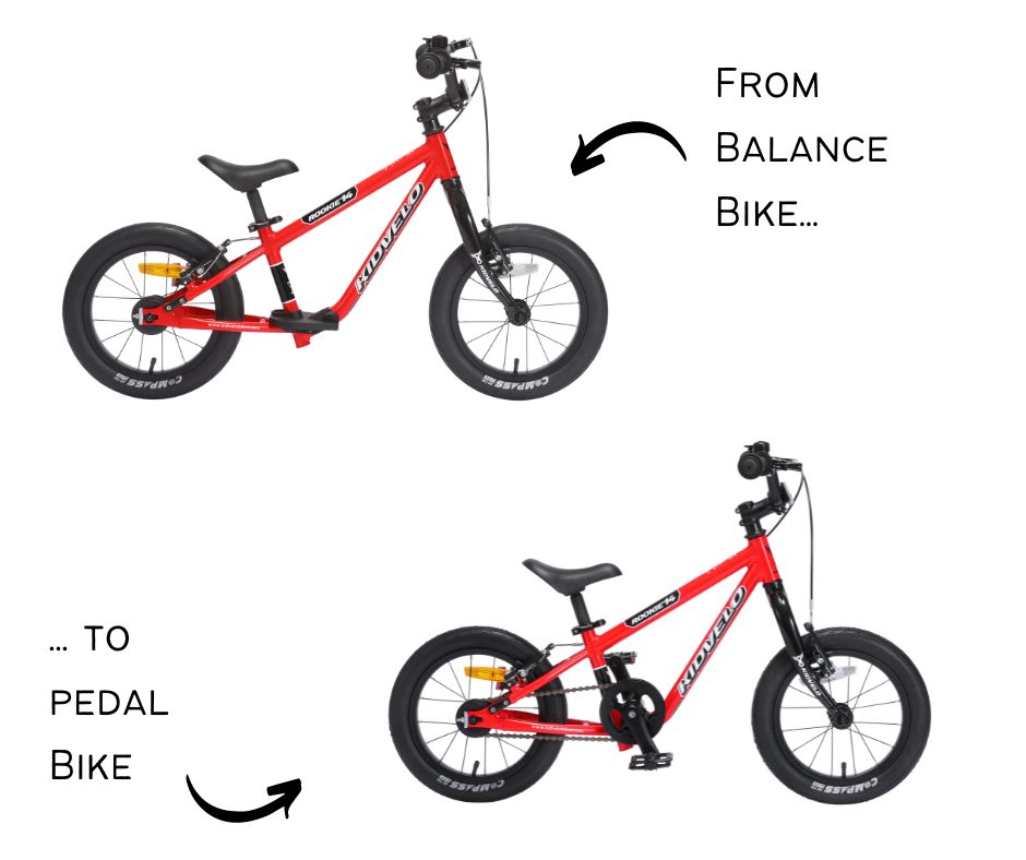 Best kids' bikes: A diagram that shows how the Kidvelo Rookie converts from balance bike to pedal bike