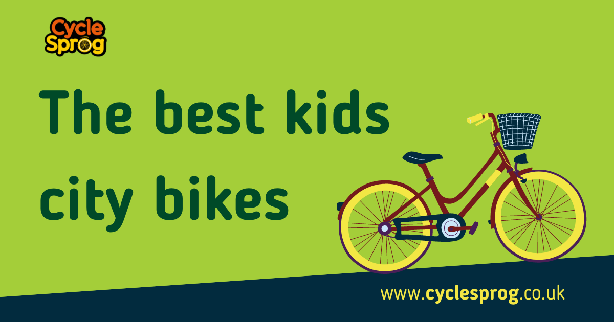 The best kids city bikes text with a graphic of a step through traditional framed Dutch style kids bike with a basket on the front