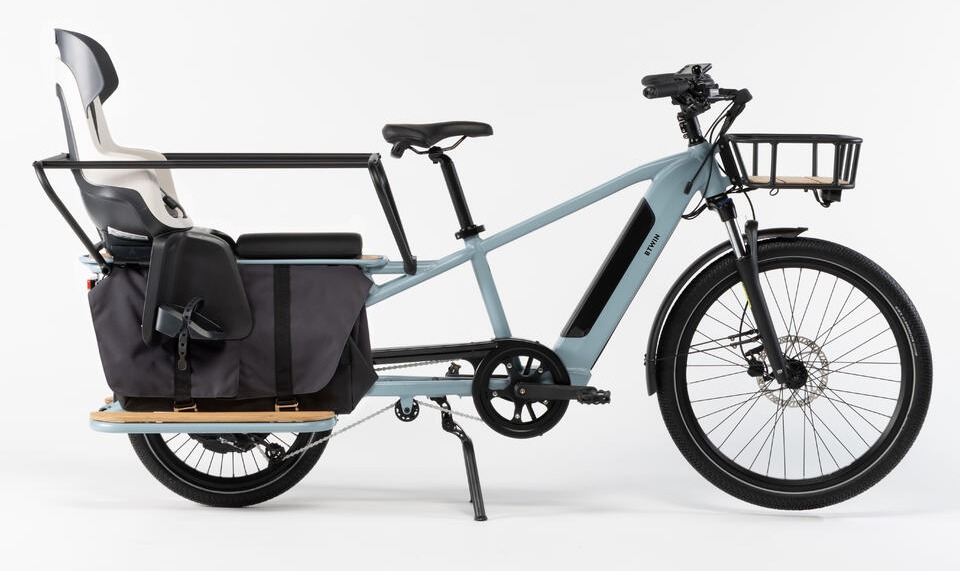 Decathlon long tail cargo bike with rear bike seat and pannier