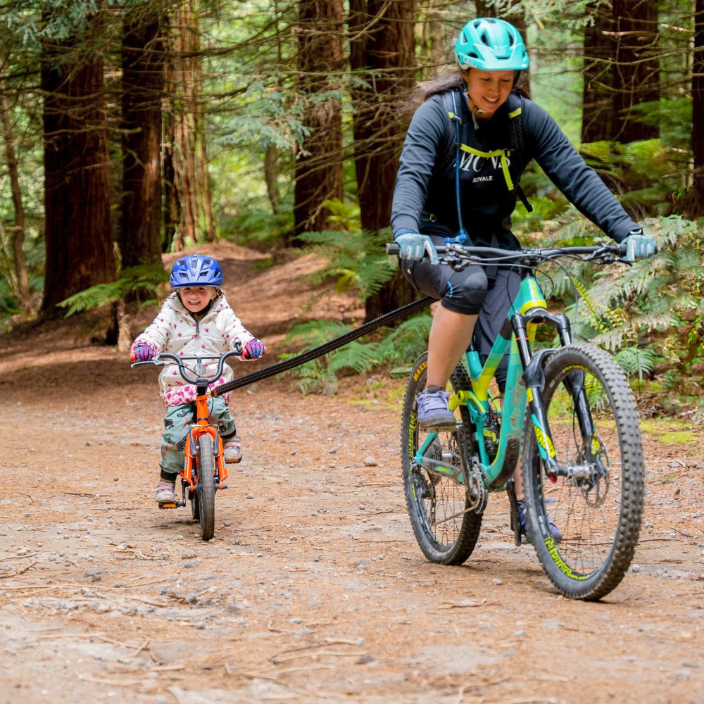 kids mountain bike tow rope to pull child up hill parents MTB Kids Ride Shotgun