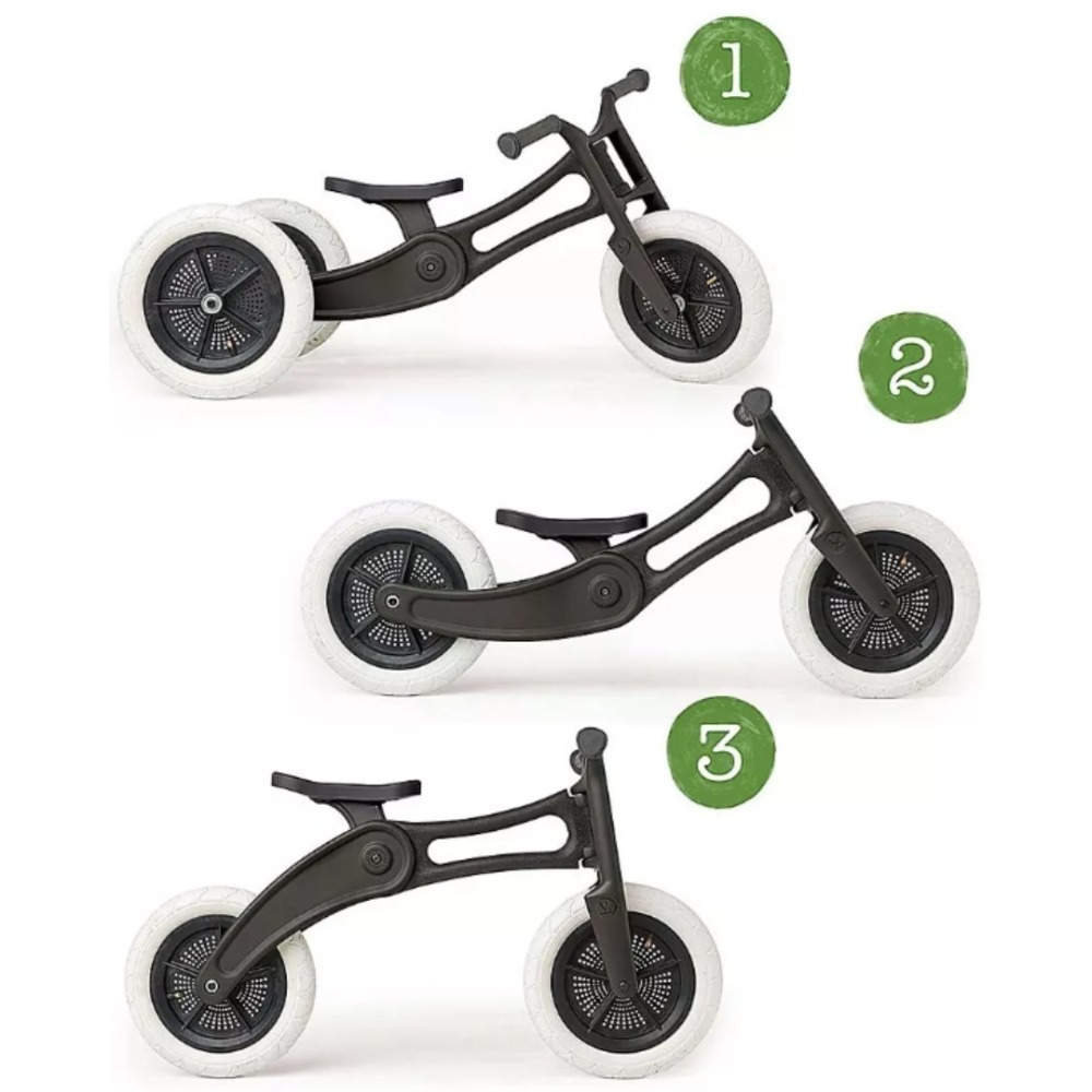 Best bikes for a 1 year old: Three iterations of the Wishbone 3-in-1, stacked vertically, with its smallest version at the top, and largest version at the bottom