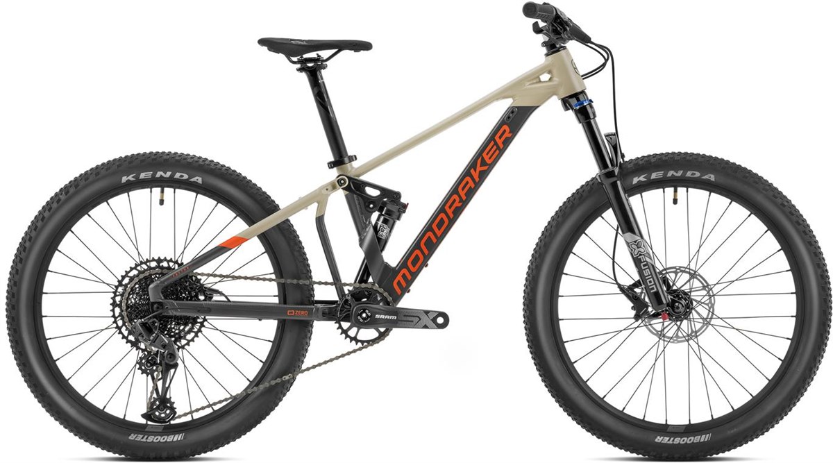 Best kids' full-suspension mountain bikes: A full suspension youth MTB Mondraker Factor 24 on a white background