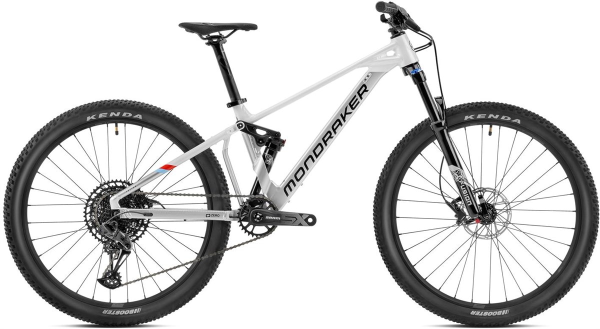 Best kids' full-suspension mountain bikes: Mondraker Factor 26 full suspension youth MTB on a white background