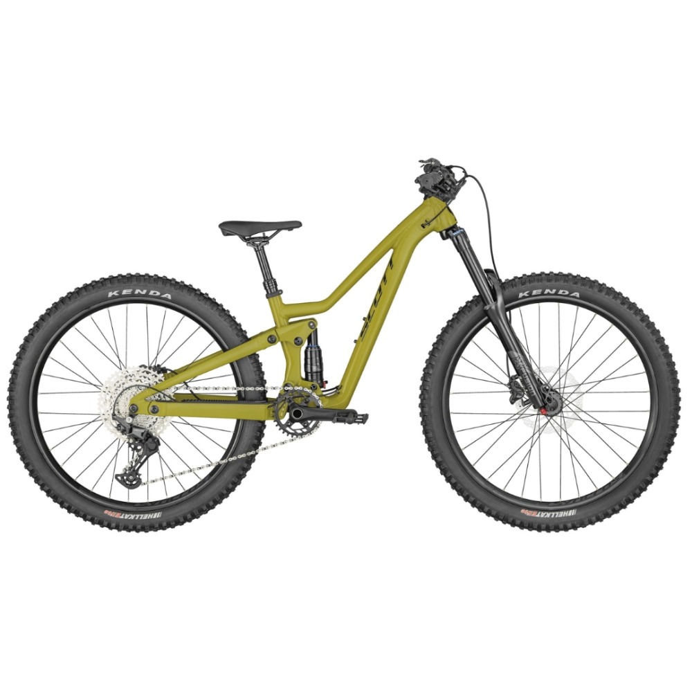 Best 26" kids' bikes: A green Scott Ransom 600 full suspension mountain bike on a plain background