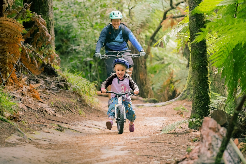 Kids Ride Shotgun balance bike family mountain bike trail