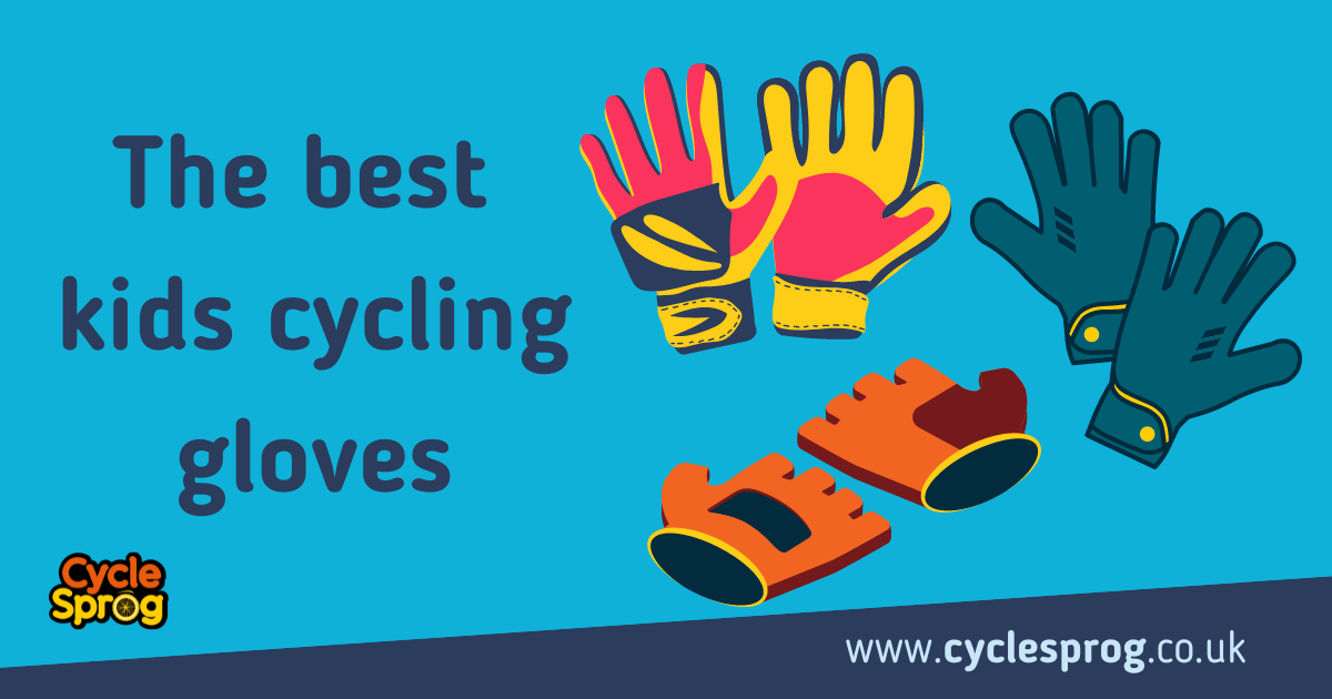 Wording says Best kids cycling gloves, accompanied by three different drawings of different styles of child size cycling gloves - two with long fingers and one with short fingers. On a blue background with the Cycle Sprog logo in bottom left corner