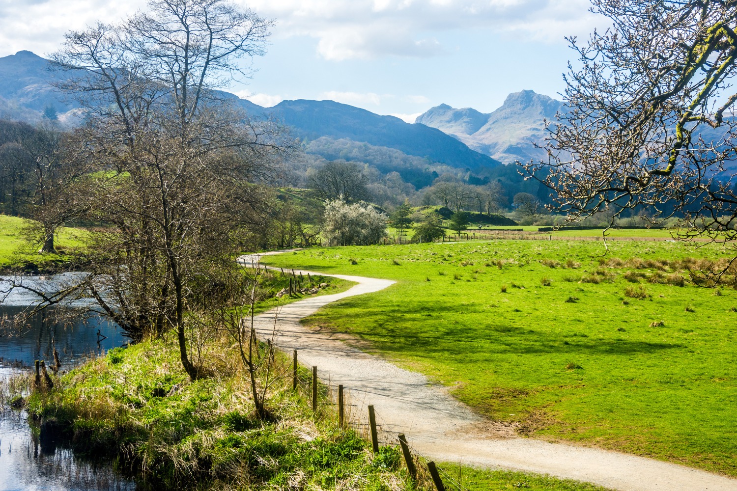 Elterwater family cycling route in the Lake District - a slat wide multi-use path with the mountains in the background