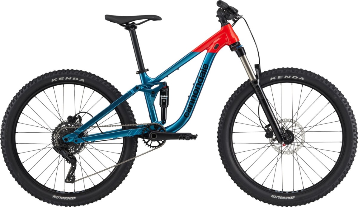 Best full suspension kids bikes: A blue and red Cannondale Habit with 26 inch wheels